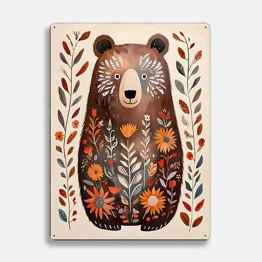 Bear Illustration Floral Scandinavian Folk Metal Sign Plaque
