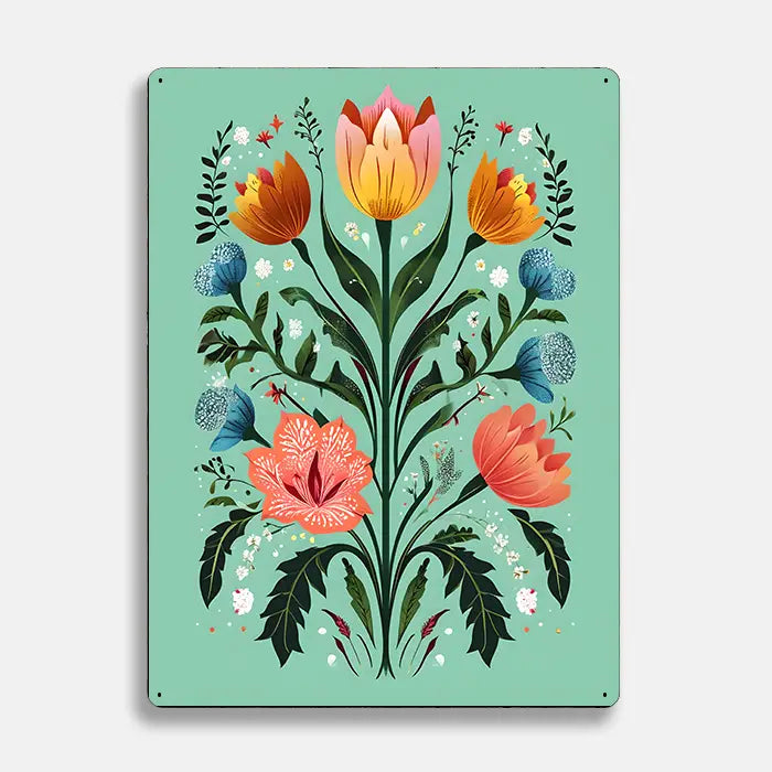 Floral Flowers Scandinavian Folk Metal Sign Plaque