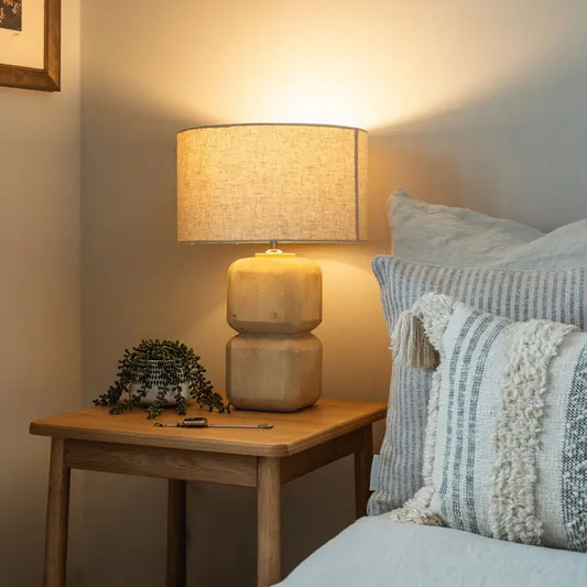 Pensford, Medium Carved Wooden Table Lamp with Beige Shade - 51cm