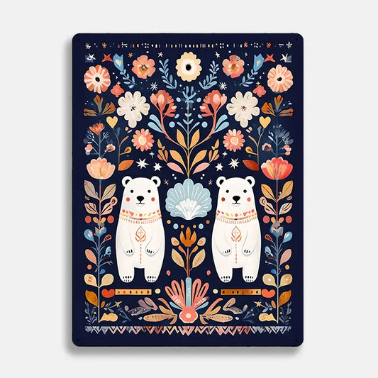 Flowers 2 Polar Bears Scandinavian Folk Metal Sign Plaque