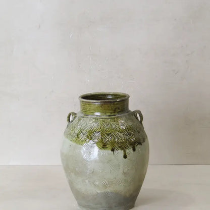 Vintage Glazed Yunnan Pot Green Swirls - 24cm