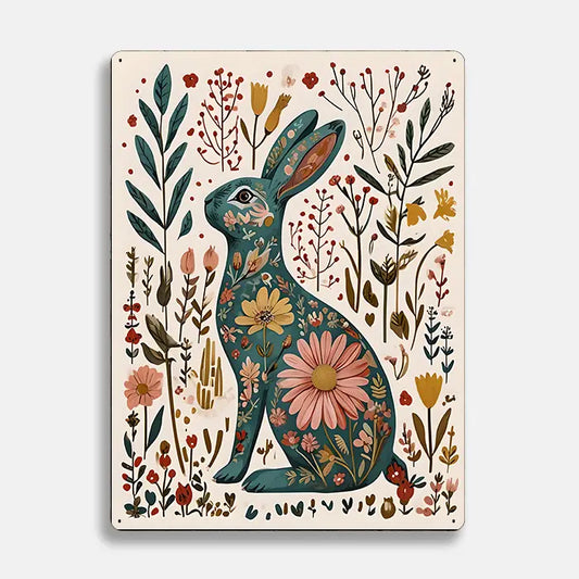 Hare Rabbit Floral Scandinavian Folk Metal Sign Plaque