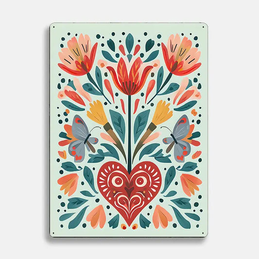 Heart Flowers Butterfly Scandinavian Folk Metal Sign Plaque