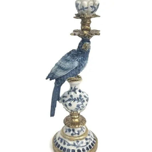 Antiqued Ornate Blue/White Parrot Candle Holder - 26cm