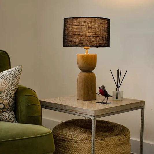 Mells, Tall Light Sandblasted Wooden Large Table Lamp with Black Shade - 54cm