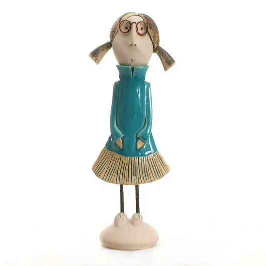 Pig Tails & Glasses Ceramic Figurine in Turquoise - 27cm