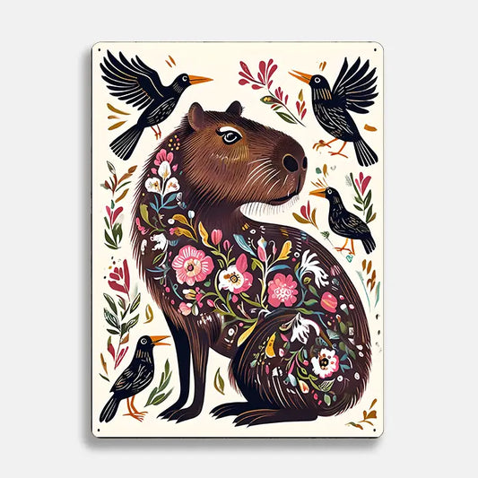 Capybara Birds Flowers Scandinavian Folk Metal Sign Plaque