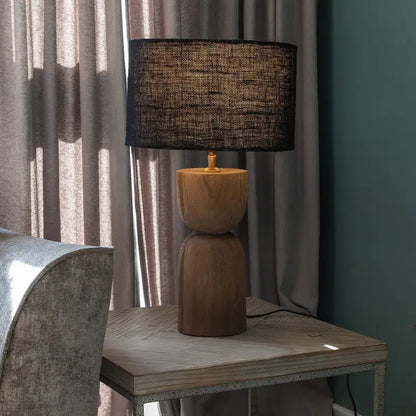 Mells, Tall Light Sandblasted Wooden Large Table Lamp with Black Shade - 54cm