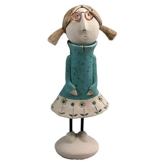 Pig Tails & Glasses Ceramic Figurine in Matt Turquoise - 27cm