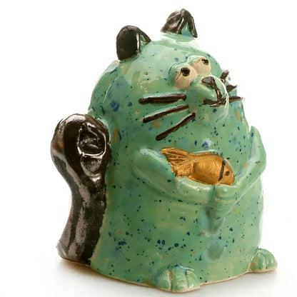 Maverick Cat Ceramic Figurine with Fish | Turquoise - 5cm