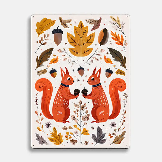 Squirrels Leaves Acorn Scandinavian Folk Metal Sign Plaque