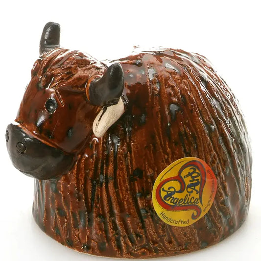 Round Cow Ceramic Figurine in Brown - 12cm