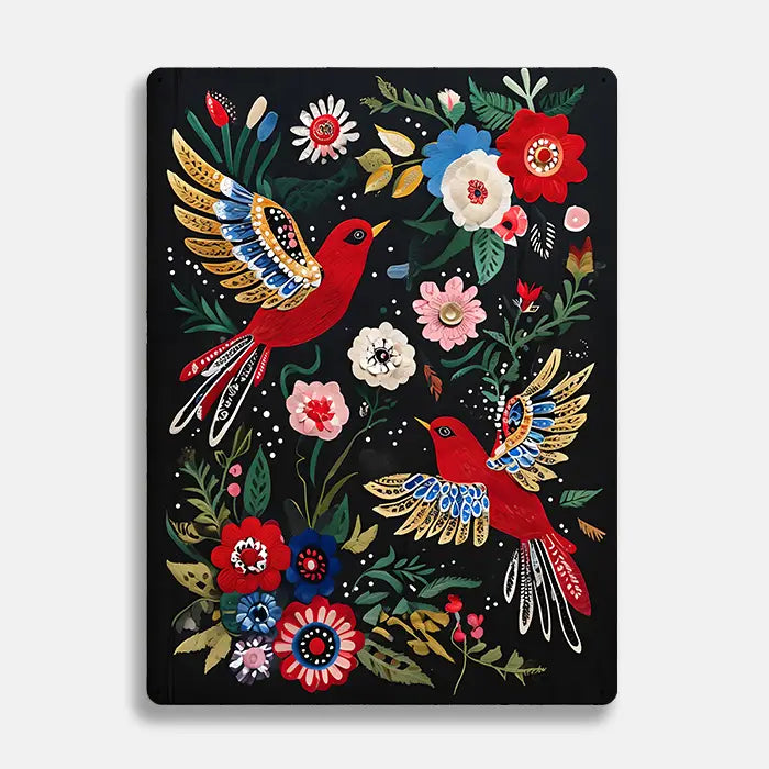 Vibrant Red Birds Scandinavian Folk Metal Sign Plaque