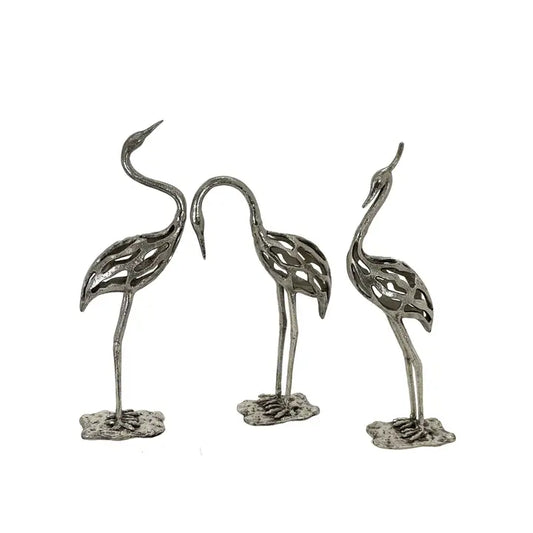 Set Of 3 Warm Antiqued Silver Crane Sculptures 54.6, 45.7 & 54.6cm