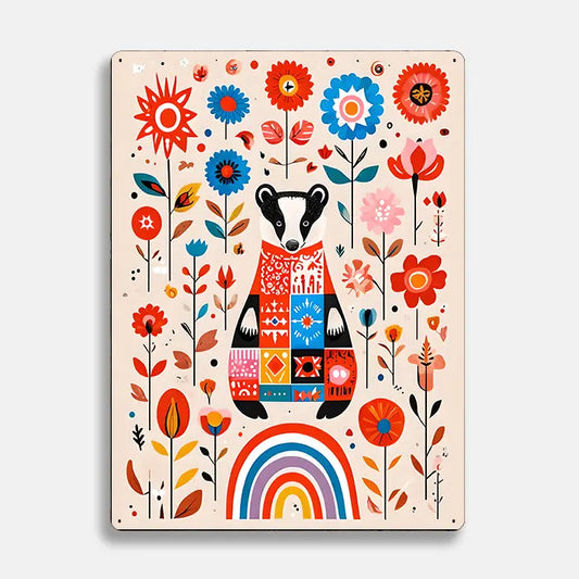 Rainbow Badger Flowers Scandinavian Folk Metal Sign Plaque