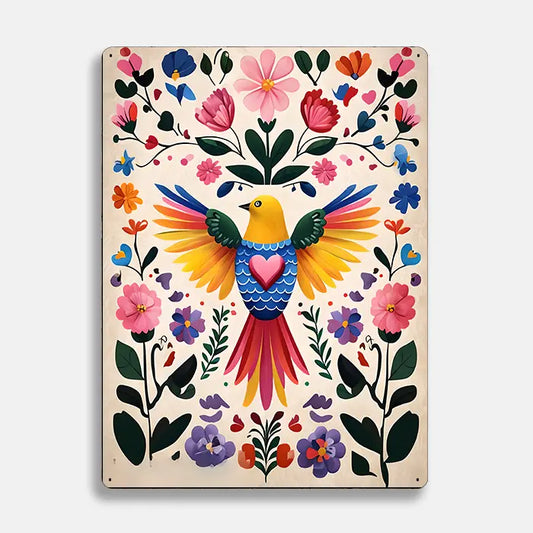 A Bird Heart Flowers Scandinavian Folk Metal Sign Plaque