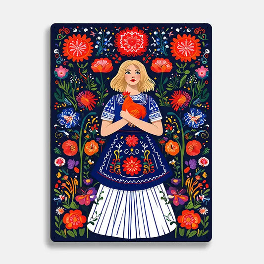 Women Hen Chicken Floral Scandinavian Folk Metal Sign Plaque
