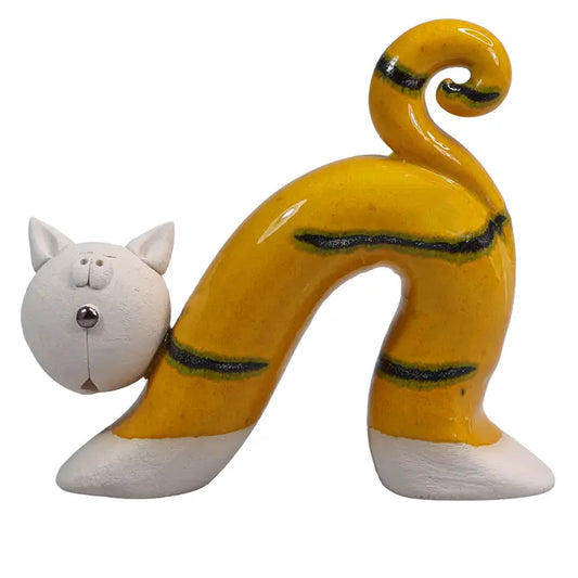 Artisan Ceramic Bow Cat Figurine in Yellow - 14cm