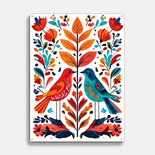 Vibrant Birds Flowers Scandinavian Folk Metal Sign Plaque