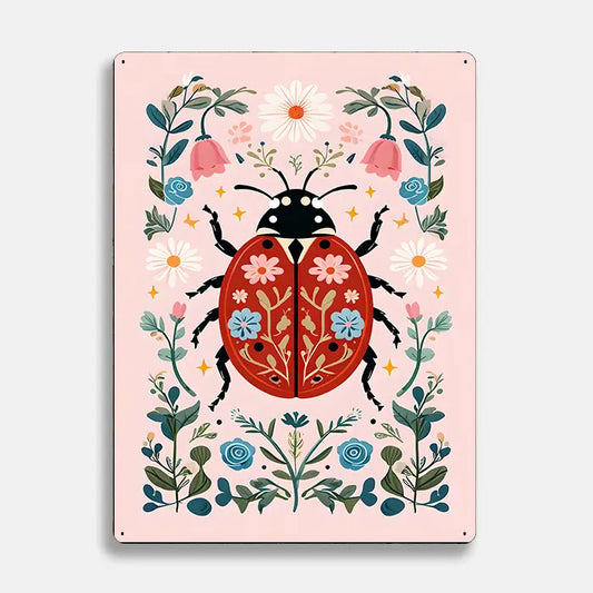 Red Ladybird Flowers Scandinavian Folk Metal Sign Plaque