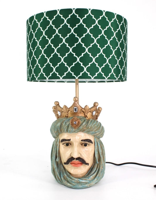 Sicilian King Moor Head Table Lamp w/ Green Pattern Shade - 43cm