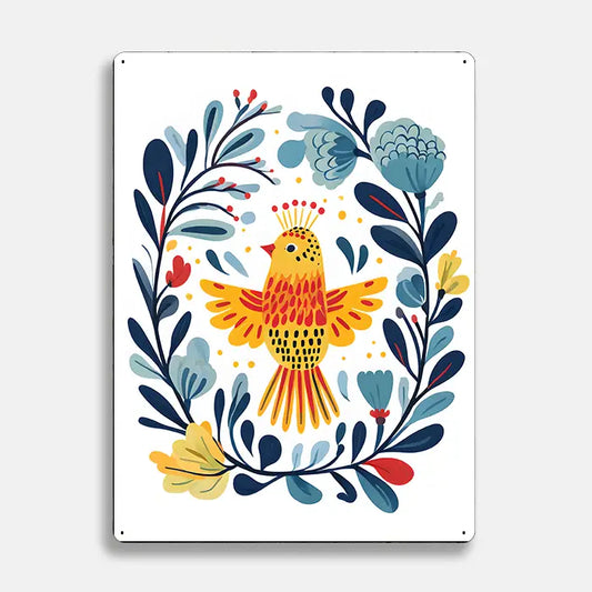 Yellow Bird Flowers Scandinavian Folk Metal Sign Plaque