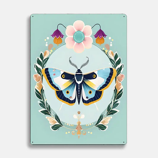 Moth Floral Wreath Scandinavian Folk Metal Sign Plaque