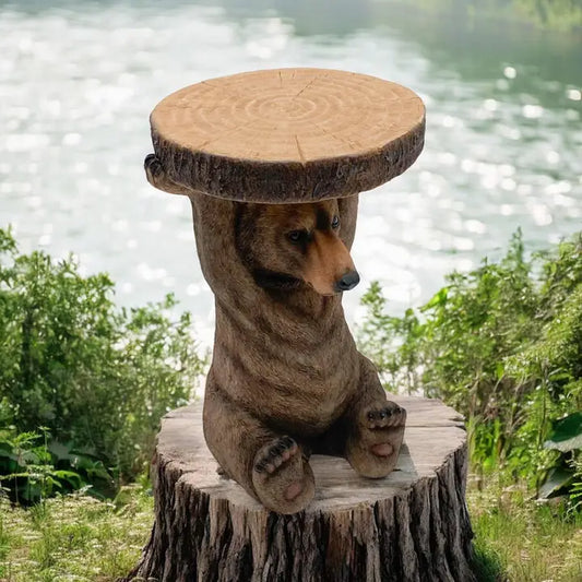 Brown Bear Holding "Trunk Slice" Side Table - 36cm