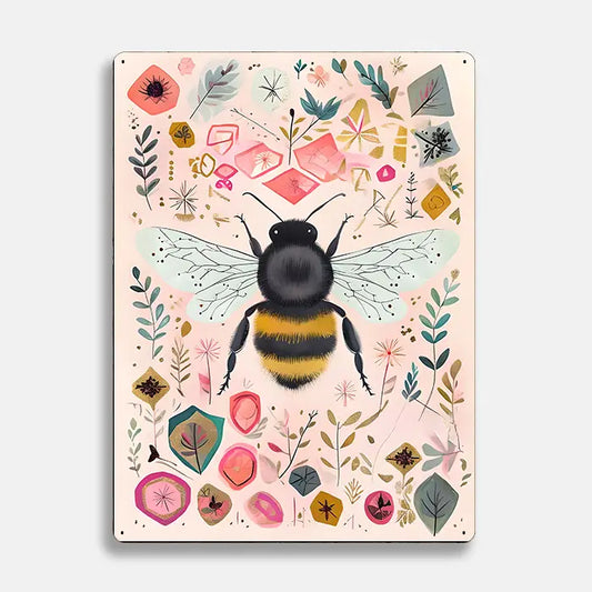 Bee Floral Pattern Scandinavian Folk Metal Sign Plaque