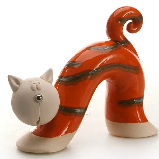Artisan Ceramic Bow Cat Figurine in Orange - 14cm