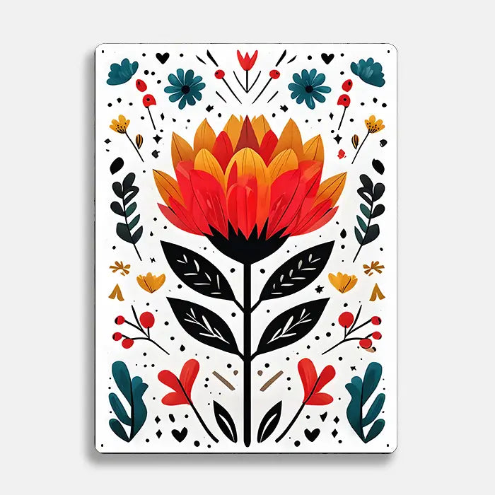 Vibrant Colourful Flower Scandinavian Folk Metal Sign Plaque