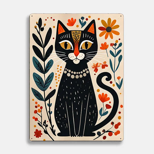 Black Cat Flowers Scandinavian Folk Metal Sign Plaque