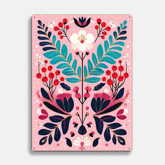 Pink Floral Design Scandinavian Folk Metal Sign Plaque