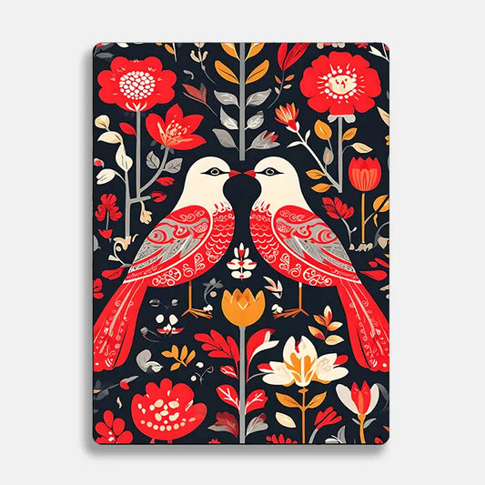 Birds Flowers Red Scandinavian Folk Metal Sign Plaque