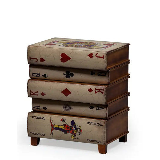 Antiqued Stacked Playing Card Books Side Cabinet - 55cm