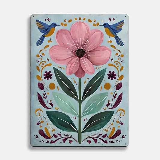 Pink Flowers Bird Scandinavian Folk Metal Sign Plaque