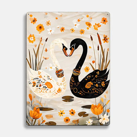 Illustration Two Swans Scandinavian Folk Metal Sign Plaque