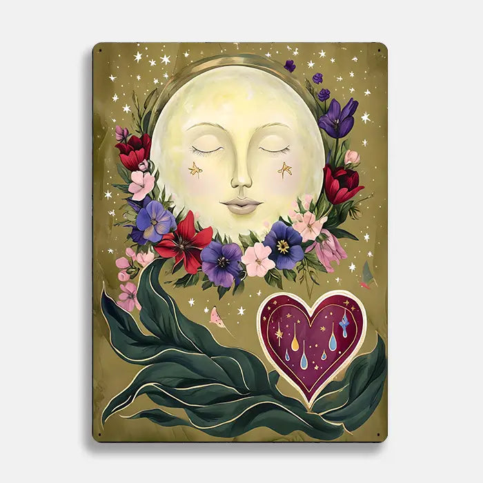 Moon Heart Flowers Scandinavian Folk Metal Sign Plaque