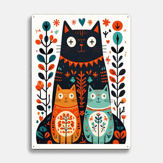 Cat Kittens Flowers Scandinavian Folk Metal Sign Plaque