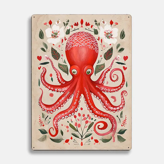 Red Octopus Scandinavian Folk Metal Sign Plaque