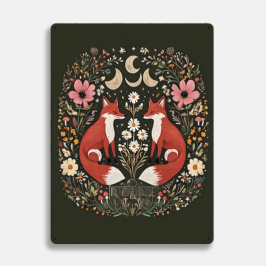 Fox Moon Flowers Scandinavian Folk Metal Sign Plaque