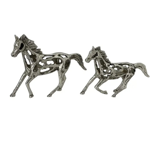 Set of 2 Warm Silver Antique Horse Sculptures - 29.9 & 34.4cm