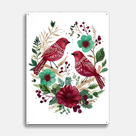 Red Birds Floral Scandinavian Folk Metal Sign Plaque