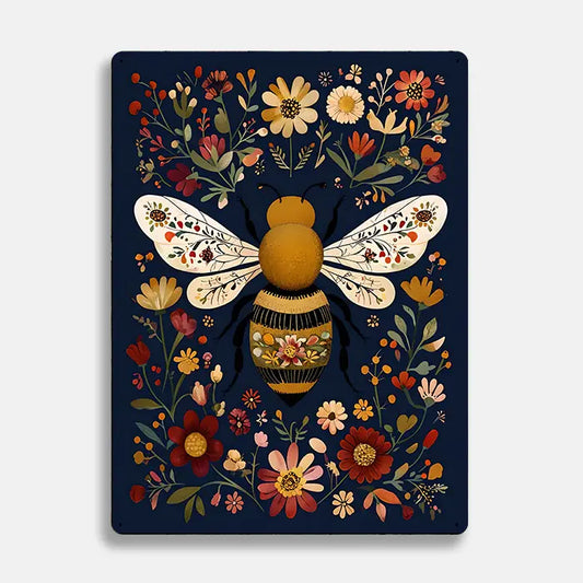 Floral Flowers Bee Scandinavian Folk Metal Sign Plaque