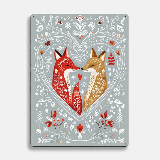 Fox Love Heart Scandinavian Folk Metal Sign Plaque