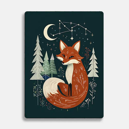 Fox Night Trees Moon Scandinavian Folk Metal Sign Plaque
