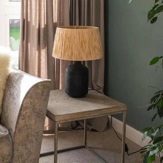 Easton, Black Sandblasted Large Table Lamp with Raffia Shade - 56cm
