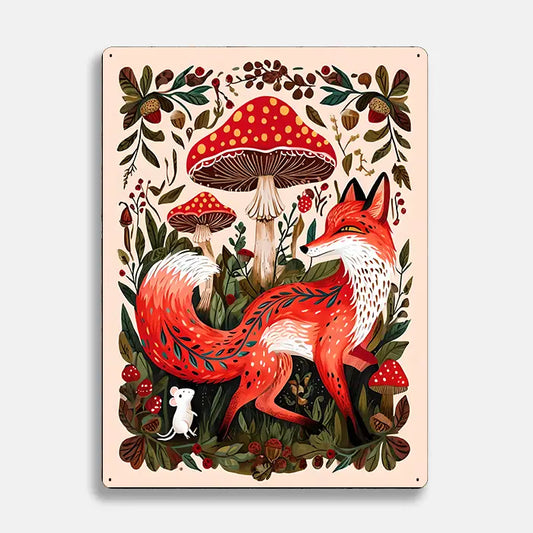 Fox Mushroom Acorn Scandinavian Folk Metal Sign Plaque
