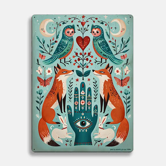 Fox Owl Moon Hand Eye Scandinavian Folk Metal Sign Plaque