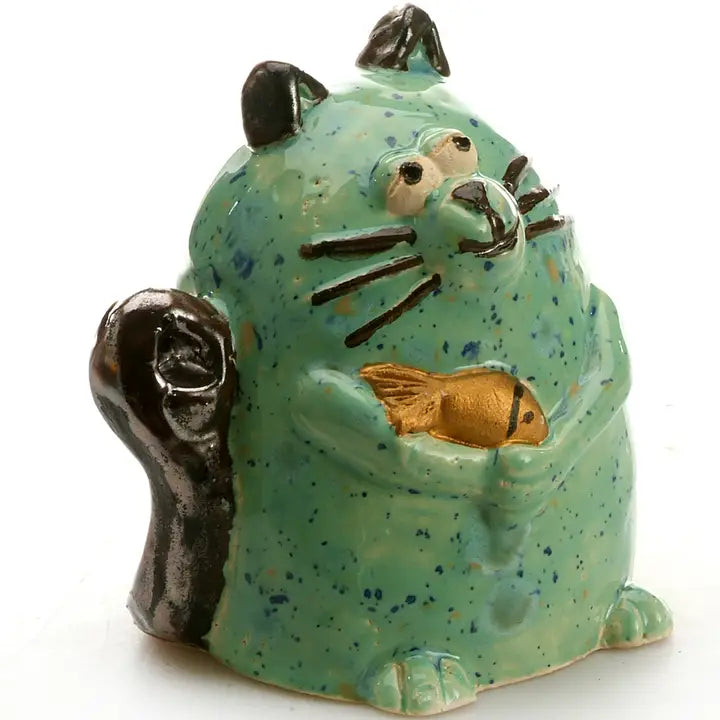 Maverick Cat Ceramic Figurine with Fish | Turquoise - 5cm